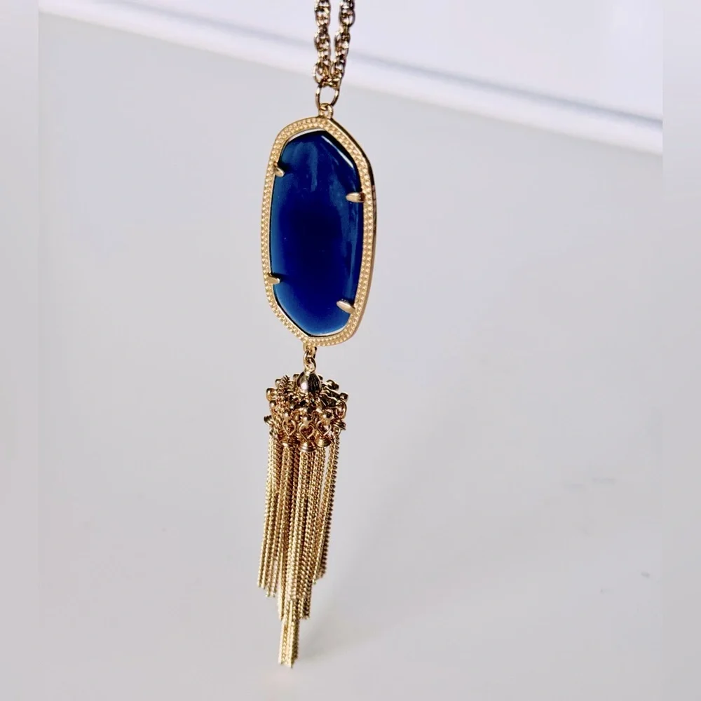 KENDRA SCOTT Rayne Long Gold Necklace w Deep Navy Blue Tassel Pendant